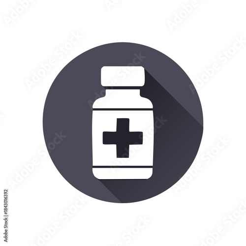 White Pill Bottle Illustration with Plus Sign on Dark Circle Background
