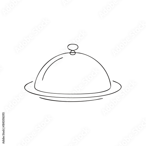 Covered serving dish. Elegant food presentation icon. Line art illustration