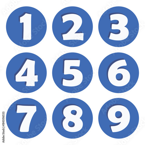 Blue Number Icons – Bold Cartoon Digits 1 to 9 for Games & Learning Designs
