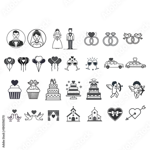 Wedding Romance Icons – Cute Cartoon Love Symbols for Invitations & Celebrations