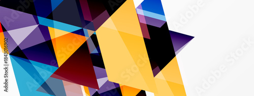 Abstract geometric shapes overlap, creating dynamic composition. Colors include orange, purple, blue, black, white. Modern design elements present.
