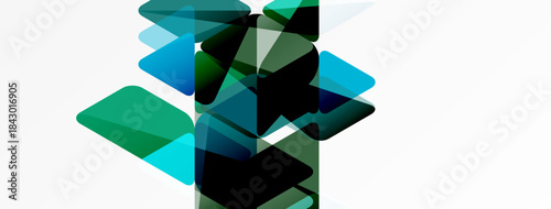 Abstract geometric shapes overlap, creating layered visual effect. Shades range from dark teal to light aqua. Minimalist design.