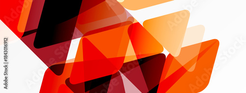 Abstract geometric shapes overlap. Red, orange hues dominate white background. Modern design, dynamic composition, vibrant colors present.
