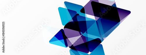 Abstract geometric shapes overlap, creating dynamic visual effect. Blue, purple hues dominate white background. Modern design element.