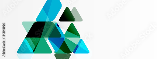 Abstract triangles overlap, creating dynamic composition. Shades range from teal to dark green, set against white background.