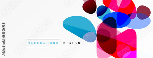 Abstract colorful shapes overlap, creating dynamic visual effect. White background features background design text. Modern, clean aesthetic.