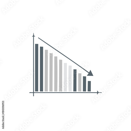 Declining bar chart depicting decreasing values and a downward trend with a highlighted arrow indicating negative financial performance