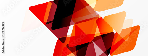 Abstract geometric shapes overlap, creating vibrant red, orange tones against white background. Modern design element.