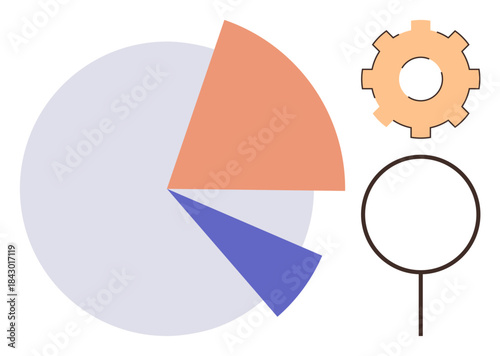 Pie chart with segmented data, gear for processes, and magnifying glass signify analytics, efficiency, and research. Ideal for business, marketing, data, planning strategy education simple flat