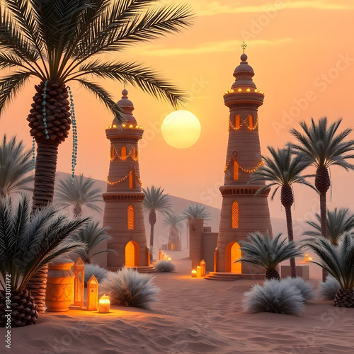 AI Exotic Non-Cliche New Year. A festive desert oasis scene with tall clay towers adorned with glowing glass bead garlands, snow-tipped palms, and a soft golden sunset, capturing exotic holiday charm.