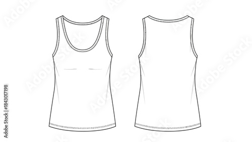 Technical illustration of a white sleeveless tank top shown in front and back views isolated on white