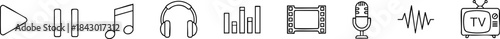 Black-and-white media icons showing play, pause, music, headphones, video, microphone, and TV.