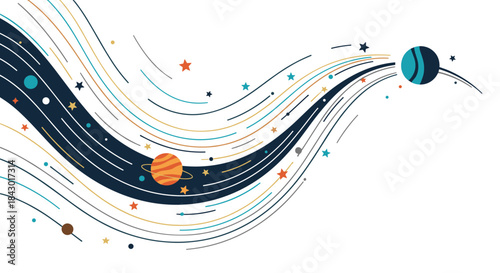 Dynamic abstract space scene with flowing curved lines weaving around colorful planets and stars to create a vibrant cosmic design for visual storytelling.