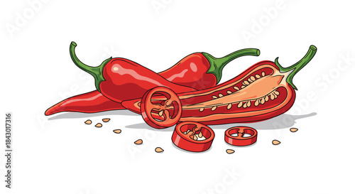 Two glossy red chili peppers rest beside a halved pepper revealing seeds and rings with several round slices and scattered seeds on a clean white background.