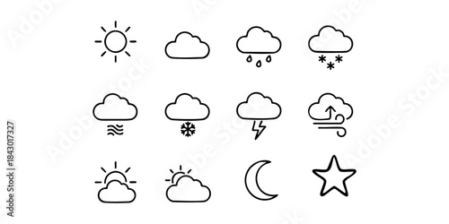 Black-and-white weather icons showing sun, cloud, rain, snow, fog, wind, lightning, moon, and star.