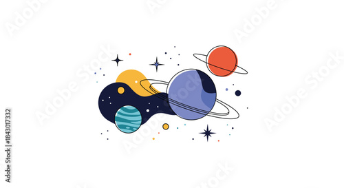 Colorful space scene with multiple planets of varying sizes and rings orbiting in a whimsical galaxy filled with stars and distant cosmic dust.