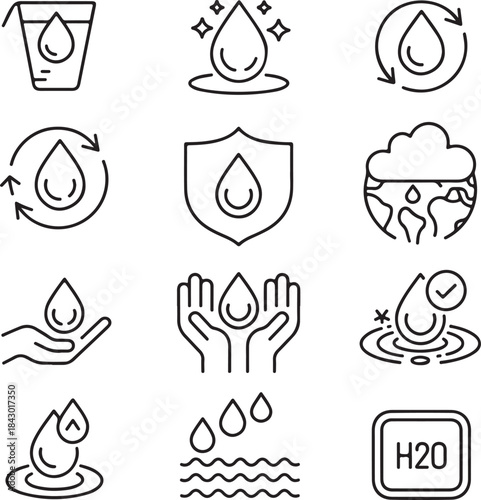 Water Line Editable Icons Set. Drops, Rain, Shower, Tap, Bottle, Swimming, Protection, and More. Vector Illustration.

