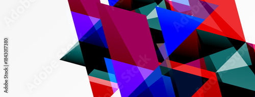 Abstract geometric shapes overlap, creating vibrant color blocks. Red, purple, blue dominate composition. White space balances design.