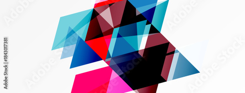 Abstract geometric shapes overlap, creating dynamic composition. Colors include blues, pinks, blacks, whites. Modern design element.