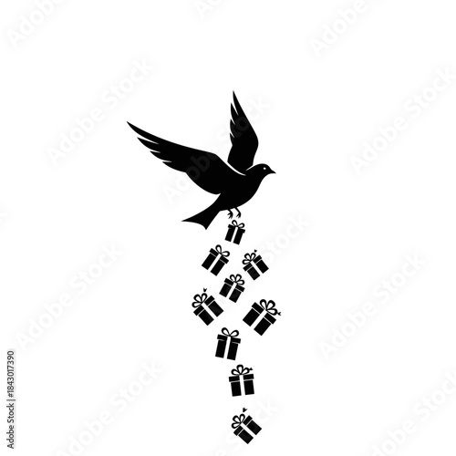 A black silhouette of a bird dropping multiple gift boxes, symbolizing generosity or giving.