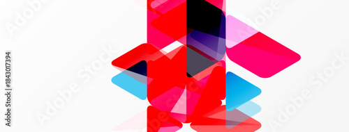 Abstract composition featuring overlapping geometric shapes. Reds, pinks, blues create dynamic visual effect on white background.
