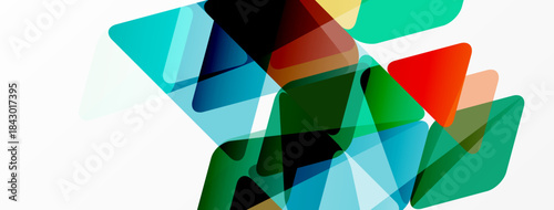 Abstract geometric shapes overlap, creating vibrant color blends. Composition features triangles, rectangles, transparency, modern design elements.