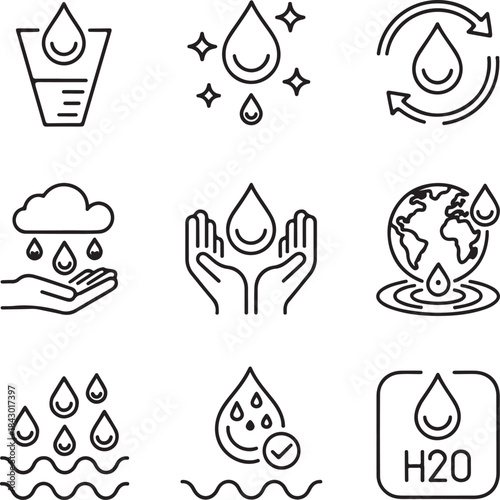 Water Icons Set. Editable Outline Vector Collection of Water Signs, Symbols and Icons. Water Drop, Cycle, Weather, Hydration, Safety, Conservation, Management System, Pure, Natural, Drinking Water.
