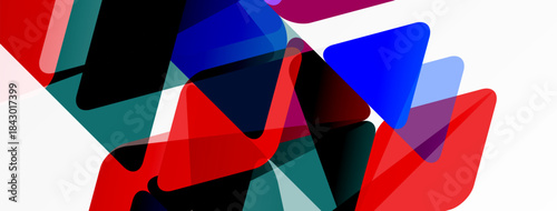 Abstract geometric shapes overlap, creating vibrant color blends. Red, blue, teal dominate composition. Minimalist design, modern aesthetic.