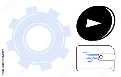 Technology, media streaming, fintech, automation, cryptocurrency, innovation. Gear cog, digital wallet with circuit lines and play button symbol. Technology and media streaming concepts