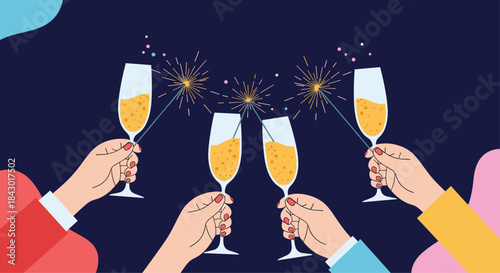 Friends raise champagne flutes to celebrate together as sparklers glow in the night creating a festive and joyful party moment.