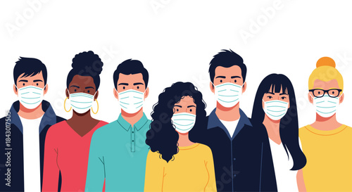 Diverse group of people wearing masks stand together to show commitment to health safety and responsible public behavior in a united community portrait.
