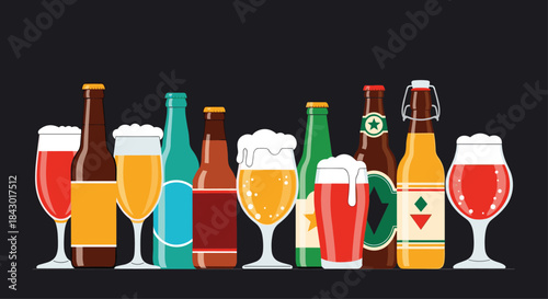Colorful lineup of beer bottles and glasses on a dark background showcasing a diverse range of pale amber wheat ale stout and lager styles.