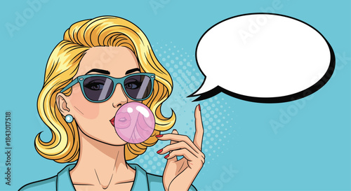 Stylized pop art portrait of a stylish woman wearing oversized sunglasses blowing bubble gum and spreading a playful retro vibe.