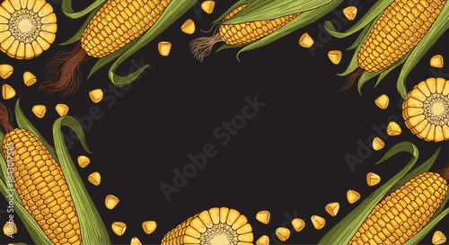 Golden corn cobs with green husks surround a dark central space creating a vivid autumn border of kernels and foliage with a rustic heirloom vibe.