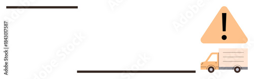 Delivery truck driving towards a warning exclamation mark triangle. Ideal for logistics, transportation safety, caution, warning systems, road safety, supply chain, alert messaging. Simple flat