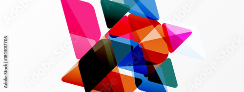 Abstract colorful shapes overlap, creating dynamic composition. Bright hues blend, forming interesting visual texture.