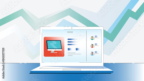 Laptop displaying customer reviews with rising growth arrows in background