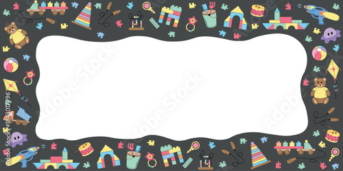A fun and colorful kids' toy border on a dark wavy background, filled with teddy bears, puzzle pieces, toy blocks, and playground items.