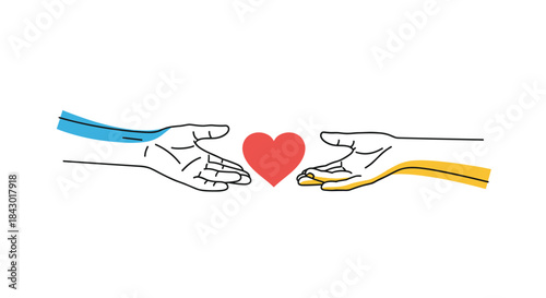 Two hands reach toward a red heart in the center symbolizing connection compassion and shared care across boundaries in a gesture of empathy and unity.