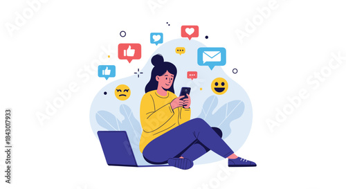 Woman sits on the floor using a smartphone with a laptop nearby as colorful social media icons and emojis float above for a lively digital communication scene.