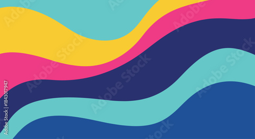 Colorful abstract wavy stripes flow across a vibrant composition blending bright teal yellow pink and navy to evoke dynamic motion and playful energy.
