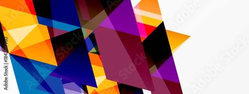 Abstract geometric shapes overlap, creating vibrant color blocks. Composition features orange, purple, blue hues against white space.