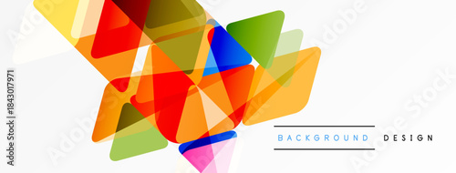 Abstract colorful triangles overlap, creating dynamic visual texture. Bright hues contrast against white space. Modern design element.