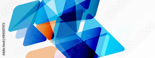 Abstract geometric shapes overlap, creating vibrant blue, orange hues. Modern design suggests technology, innovation, connectivity.