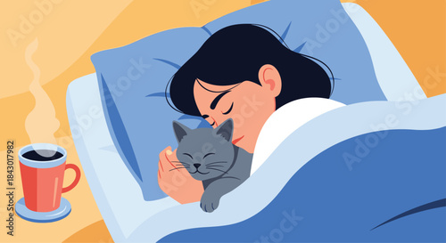 Person sleeps peacefully with a content gray cat tucked in under a warm blanket beside a steaming mug on a bedside table.
