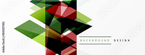 Abstract geometric shapes overlap, creating dynamic visual effect. Red, green, black tones dominate white background. Modern design element.