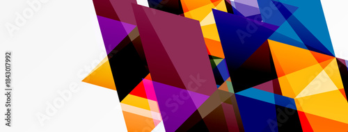 Abstract geometric shapes overlap, creating vibrant color blocks. Composition features sharp angles, dynamic energy, modern design.