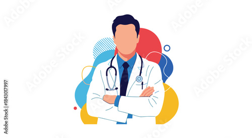 Confident doctor in a white lab coat with a stethoscope crosses arms amid bold colorful abstract shapes and circles behind a modern clinical practice theme.