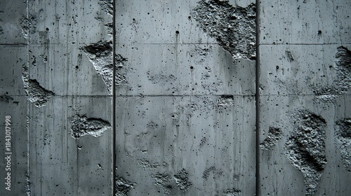 Vertical gray concrete wall panels with chipped edges and broken surface damage, representing urban decay or construction site.