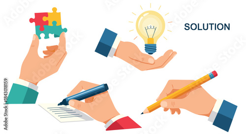 Collaborative problem solving and creative brainstorming depicted by hands assembling puzzle pieces writing notes and sharing ideas.